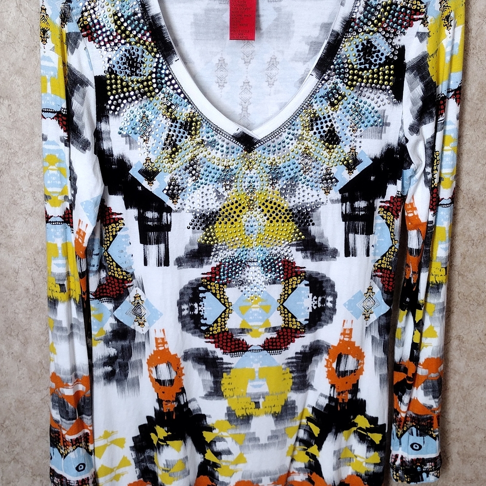 V Cristina Geo Print Beaded Top, M